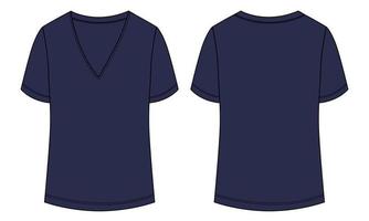v-hals t-shirt technische mode platte schets vector illustratie marine kleur sjabloon voor dames