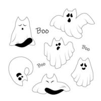 set van schattige spookkatten. verzameling van schattige vliegende kittens geest. halloween huisdieren. boe. griezelige baby stripfiguur. vectorillustratie voor wenskaart. vector