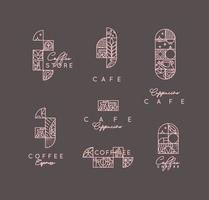 set creatieve moderne art deco koffie-etiketten in platte lijnstijl tekenen op bruine achtergrond. vector