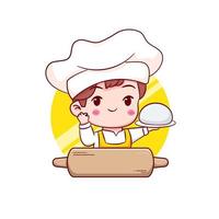 schattig stripfiguur logo van chef-kok. hand getrokken chibi karakter geïsoleerde achtergrond. vector