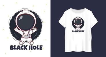 leuke cartoon van astronaut en zwart gat met tshirt mockup handgetekende chibi karakter