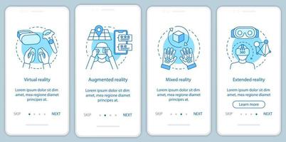 uitgebreide realiteit onboarding mobiele app-paginascherm met lineair concept. virtuele, augmented, mixed reality walkthrough stappen grafische instructies. ux, ui, gui vectorsjabloon met illustraties vector
