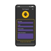 hulp vragen formulier smartphone interface vector sjabloon. mobiele app zwarte ontwerplay-out. tech klantenservice-applicatiepaginascherm. platte ui. technische assistentie, chat nu op telefoondisplay