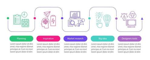 grafisch ontwerp ontwikkeling vector infographic sjabloon. planning, inspiratie, marktonderzoek, tools. datavisualisatie met vijf stappen en optie. proces tijdlijn grafiek. workflow-indeling met pictogrammen