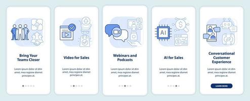 verkooptrends lichtblauw onboarding mobiel app-scherm. marketing walkthrough 5 stappen bewerkbare grafische instructies met lineaire concepten. ui, ux, gui-sjabloon. vector