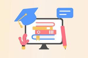 modern online onderwijs voor bannerwebsite. paginasjabloon platte vectorillustratie van e-learning, internetcursus, toepassingsleren, universitaire studies, klaslokaal, zelfstudie, bibliotheek op computer. vector