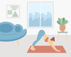 yoga vrouw bezig met flat op mat vector