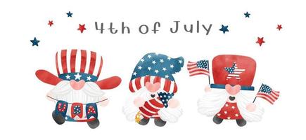 groep van drie vier van 4 juli kabouter patriottisch Amerika onafhankelijkheidsdag cartoon aquarel illustratie vector