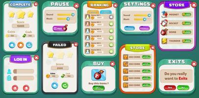 game ui kit met menu's, pop-up, schermen en game-elementen vector