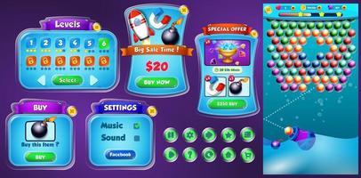 game ui kit met menu's, pop-up, schermen en game-elementen vector