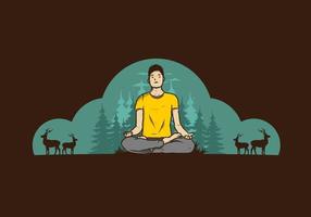 illustratie van iemand die yoga doet en buiten mediteert in een bos in de natuur tussen pijnbomen vector
