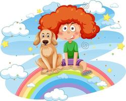 een meisje dat met haar hond op de regenboog zit vector