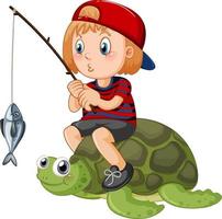 kind zit op schildpadden vissen vector