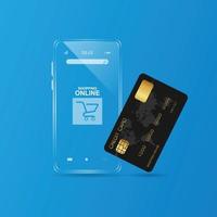 mobiele telefoon met zwarte creditcard het is een zeer essentieel item voor online winkelen. online winkelconcept in het leven van vandaag. vector