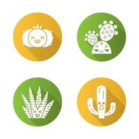 cactussen platte ontwerp lange schaduw glyph pictogrammen instellen. planten met lachende gezichten. lachende peyote- en zebracactussen. unamused cactusvijg wilde cactussen. succulente planten. vector silhouet illustratie