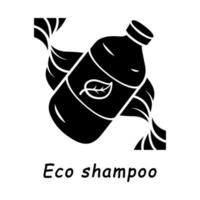 eco shampoo glyph icoon. biologische cosmetica. natuurlijke shampoo. milieuvriendelijk, chemicaliënvrij haarverzorgingsproduct. herbruikbare plastic fles. silhouet symbool. negatieve ruimte. vector geïsoleerde illustratie