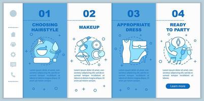 zich klaarmaken voor feest onboarding mobiele webpagina's vector sjabloon. responsief smartphone-interface-idee met lineaire illustraties. beauty, salon webpagina walkthrough stap schermen. kleur concept