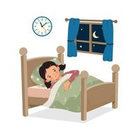 schattig klein kindmeisje heeft slapeloosheid of slaapstoornis, blijf wakker en kan 's nachts in de slaapkamer niet op bed slapen vector