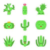 cactussen platte ontwerp lange schaduw kleur iconen set. planten met lachende gezichten. lachende ton en peyote cactussen. kussende egel wilde cactussen. succulente planten. vector silhouet illustraties