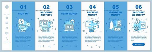 online bankrekening onboarding mobiele webpagina's vector sjabloon. e-betaling. responsief smartphone website-interface idee met lineaire pictogrammen. betaalsysteem. webpagina walkthrough stap schermen concept