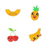 fruit schattige kawaii vectorkarakters. bessen met lachend gezicht. kussende meloen en banaan. gelukkig ananas en kers. grappige emoji, emoticon, glimlach. geïsoleerde cartoon kleur illustratie vector
