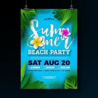 vector zomer beach party flyer ontwerpen met bloem en tropische palmbladeren op blauw en achtergrond. zomervakantie viering illustratie met exotische planten voor spandoek, flyer, uitnodiging of poster