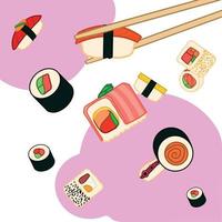 verschillende soorten sushi en rollen die in de lucht zweven. ontwerpelement voor poster label teken embleem menu. vector illustratie