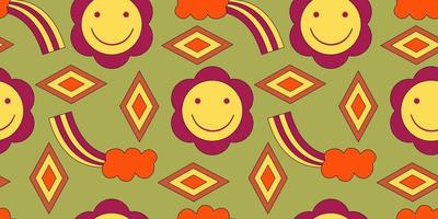 groovy y2k retro naadloos patroon met bloem, glimlach en regenboog. retro vectorillustratie. hip bloem achtergrond. kleurrijke hippie naadloze patroon illustratie. vector