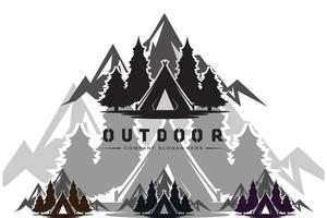 campinglogo-ontwerp, buitenillustratie van bos- en berglandschap vector