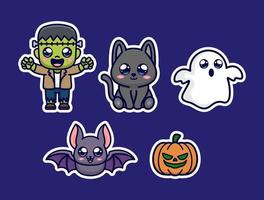 schattige frankenstain, kat, spook, vleermuis en pompoenillustratie. leuke illustratie met halloween-thema. vector