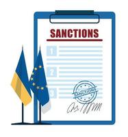 sancties. een document met een handtekening ter bevestiging van de overeenstemming van de partijen over de punten van de sanctieovereenkomst. vlag van oekraïne en de europese unie. vector afbeelding.