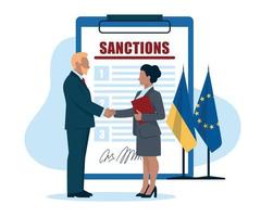 sancties. mensen uit het bedrijfsleven. vrouw en man in pakken, politicus, zakenlieden. handdruk. een overeenkomst ondertekenen. vlag van oekraïne en de europese unie. vector afbeelding.