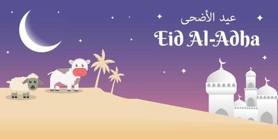 eid al adha achtergrond illustratie plat ontwerp met schattige koe en schapen in de woestijn vector