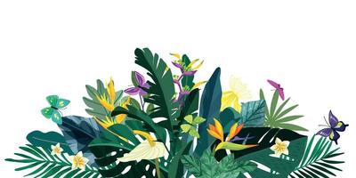 tropische bloemenachtergrond, weelderig tropisch gebladerte en bloemen vector