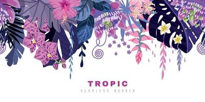 tropische naadloze rand, paarse monsterabladeren en roze tropische bloemen vector