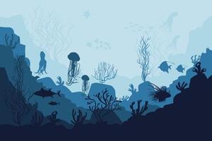 onderwater oceaan achtergrond. zwarte silhouetten die zeevissen zwemmen met koralen en vectorplanten. vector