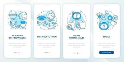 nadelen van machine learning blauwe onboarding mobiele app-scherm. walkthrough 4 stappen grafische instructiepagina's met lineaire concepten. ui, ux, gui-sjabloon. vector