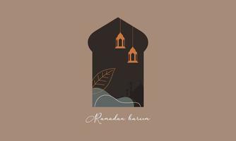 moderne ramadan mubarak-wenskaarten met retro boho-ontwerp, maan, moskeekoepel en lantaarns vector