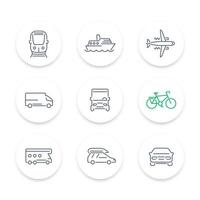 vervoer lijn pictogrammen, auto, bestelwagen, bus, trein, vliegtuig, schip, ronde iconen set, vectorillustratie vector