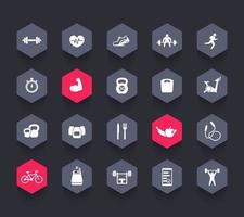 20 fitness iconen, gym, sport, training, training, pictogrammen, zeshoek iconen set, vectorillustratie vector