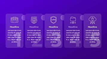 hosting, dns en vpn infographics, 1, 2, 3, 4, 5 stappen bannerontwerp met lijn vector iconen