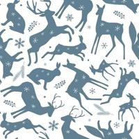 naadloos patroon met silhouetten van wilde bosdieren, bladeren. natuurlijk winterornament met hazen, vossen, herten, sneeuwvlokken. vectorafbeeldingen. vector