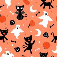 naadloos patroon met de halloween-vakantie. grappige zwarte katten, pompoenen, spinnenwebben, maan en sterren. vectorafbeeldingen. vector