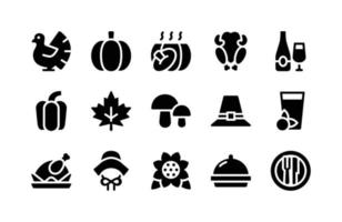 Thanksgiving glyph-pictogrammen, waaronder kalkoen, pompoen, pompoenen, gebraden kip, fles, paprika, blad, paddestoel, hoed, drankje, gebraden kip, hoed, zonnebloem, cloche, bord vector