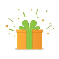 verrukkingscadeau, verrassingsgele geschenkdoos, verjaardagsfeest, speciaal weggeefpakket, loyaliteitsprogramma-beloning, wondergeschenk met uitroepteken, vectorpictogram, vlakke afbeelding vector