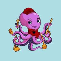 leuke grappige octopus conciërge schoonmaakservice bedrijf tools mascotte logo vector