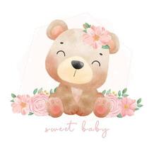 schattig aquarel zoete bloemen baby teddybeer dieren in het wild bos kinderdagverblijf dier hand getrokken schilderij illustratie vector