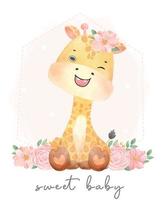 schattig aquarel zoete bloemen baby giraffe wildlife safari dier hand getrokken schilderij illustratie vector