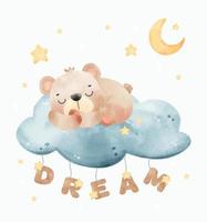 schattige teddybeer slapen op nacht wolk met droom sterren, aquarel kinderkamer dier han getekende illustratie vector