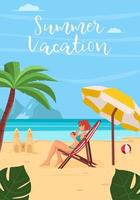 zomervakantie concept achtergrond. mooi zomers strandlandschap met zee, palmbomen, zandkasteel. een meisje rust op een chaise longue. platte vectorillustratie voor poster, banner, flyer vector